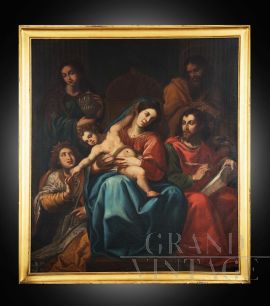 Dipinto antico olio su tela raffigurante il Matrimonio mistico di Santa Caterina                            
