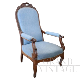 Poltrona antica in noce e tessuto azzurro, metà XIX secolo                            