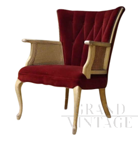 Poltrona in velluto rosso e paglia di Vienna                            
