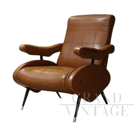 Poltrona reclinabile di Nello Pini in skai marrone                            