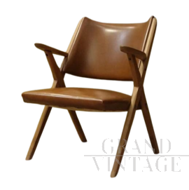 Poltroncina Dal Vera in pelle marrone, anni '50                            