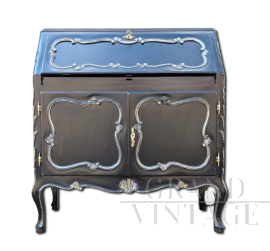 Scrittoio a ribalta in stile barocco francese in noce laccato nero