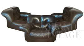 Set di 3 poltrone vintage in pelle nera primo fiore, anni '70                            