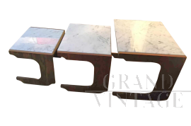 Set di 3 tavolini a nido scandinavi in teak e marmo bianco                            