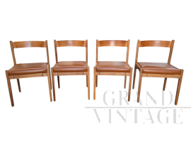 Set di 4 sedie Cassina in faggio e pelle marrone, Italia anni '70                            