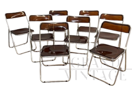 Set di 6 sedie pieghevoli anni '70 in metallo e plexiglass fumé                            