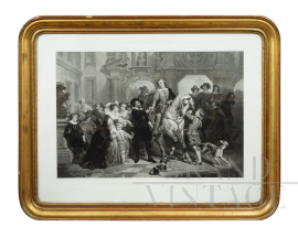 Stampa antica raffigurante Van Dyck che saluta Rubens per andare in Italia                            