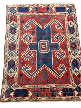 Tappeto turco antico dell'800 in lana rossa con motivi geometrici, 170 x 130cm                            