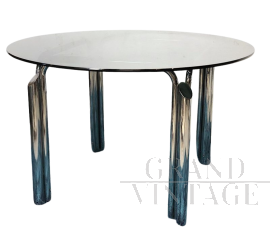 Tavolo space age rotondo in acciaio e vetro                            