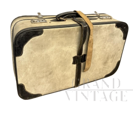 Valigia vintage in pelle avorio e cuoio nero, Italia anni '50                            