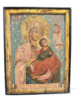Vergine col Bambino - Icona russa dell'800 intagliata, dipinta e dorata                            