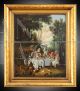 Banchetto di aristocratici in campagna - dipinto antico olio su tela dell'800