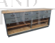 Bancone industriale vintage in legno con 8 cassetti                        