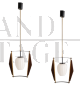 Coppia di lampade a sospensione stile Stilnovo in teak e ottone                            