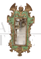 Specchiera in stile gotico in legno laccato verde e oro, anni '80                            