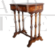 Tavolino da lavoro o comodino antico Luigi Filippo in noce e intarsiato                            