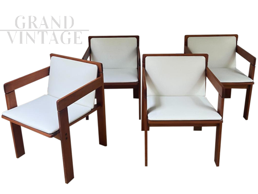 4 Reguitti armchairs in wood and white leatherette, 1972