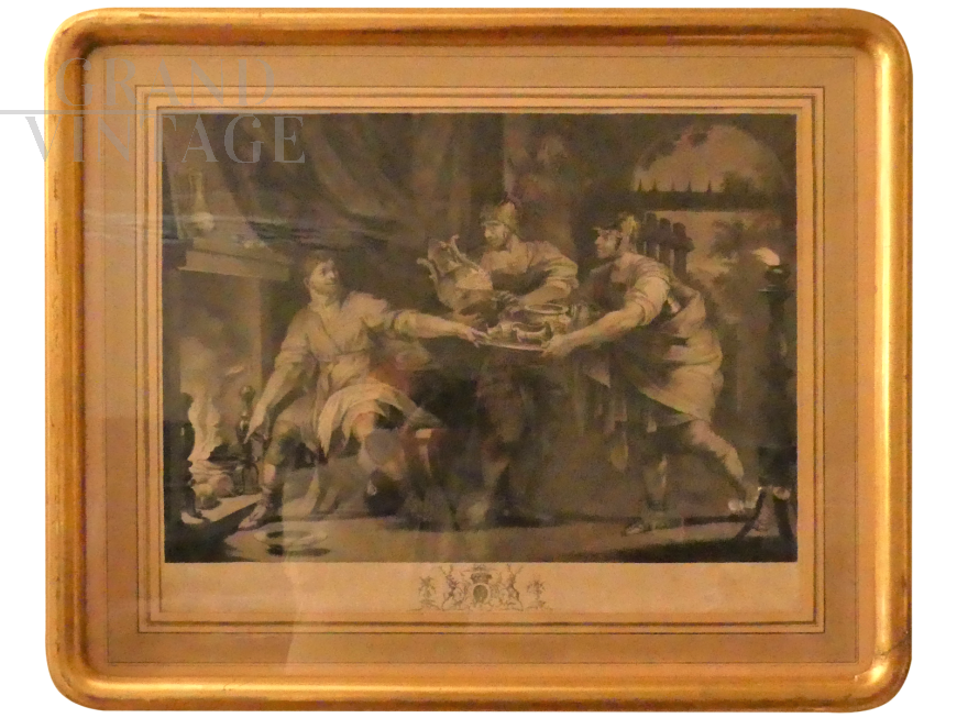 Antique etching with charity scene, in gilded frame