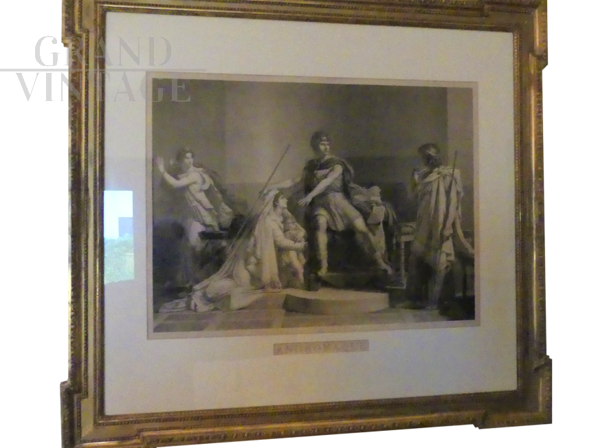 Antique etching taken from the artwork Andromache and Pyrrhus by Pierre-Narcisse Guerin