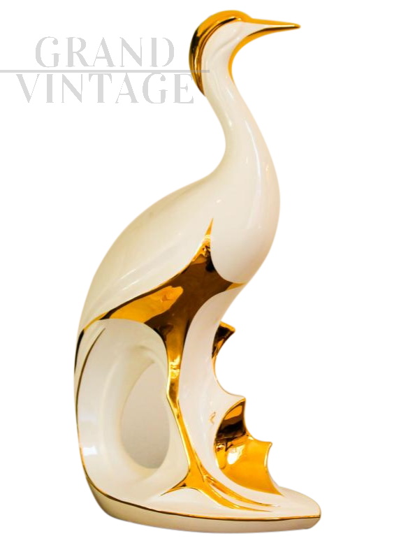 White and gold ceramic heron signed Ahura, Italy 1970