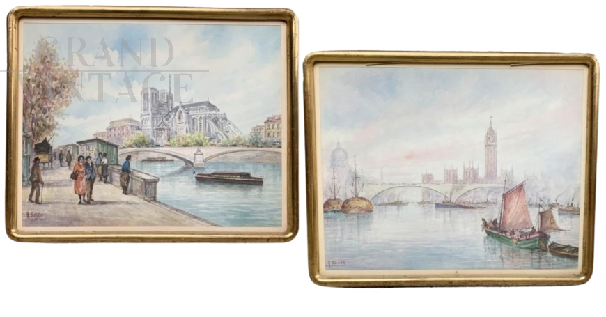 Aldo Sessa - Pair of watercolor painting depicting the Notre-Dame cathedral of Paris