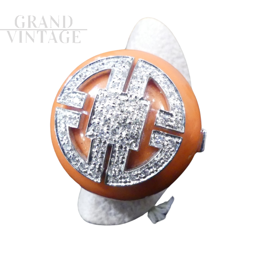 White gold ring with Sardinian coral button and diamonds    