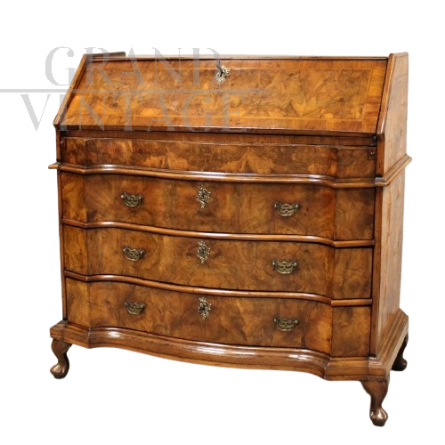 Antique Louis XV chest of drawers with drop-down top in walnut briar, Italy 18th century