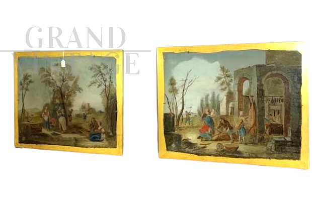 Antique pair of 18th century glass paintings with peasant scenes