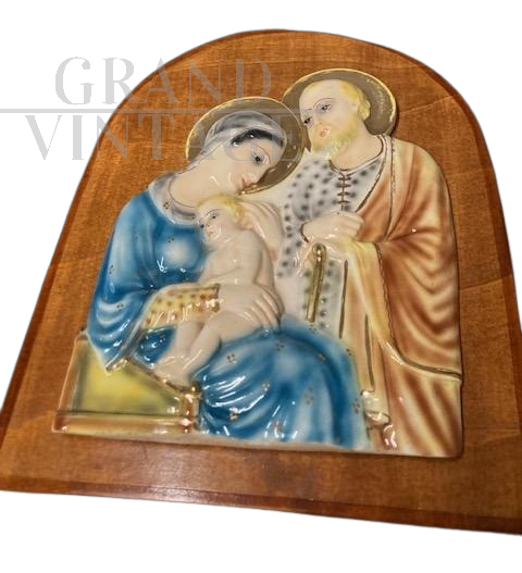 Antique plaque with the Holy Family in majolica by Mica Sesto Fiorentino, 1940