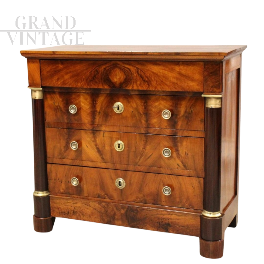 Antique 19th century Empire chest of drawers in walnut with ebonized columns 