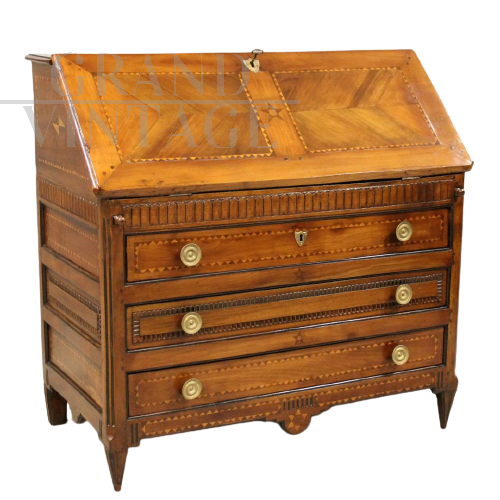 Antique Louis XVI dresser with drop-down desk, in inlaid cherrywood, Italy 18th century