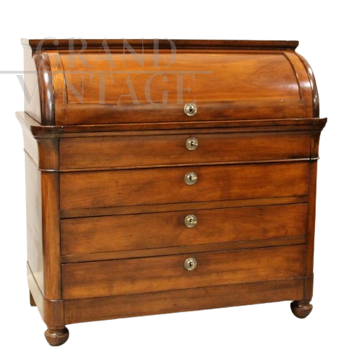 Antique Charles X capuchin bureau roll-top chest of drawers in walnut, 19th century