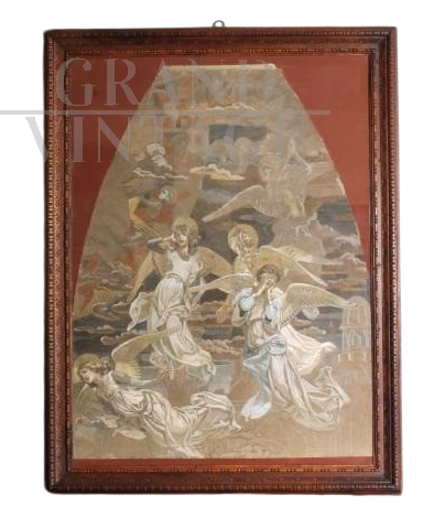 Antique tempera painting depicting angels, sketch for a 19th century fresco