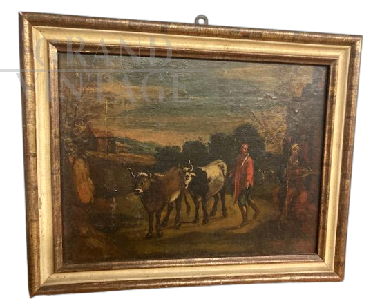 Antique Italian painting from the 18th century with a popular scene with oxen                     
                            