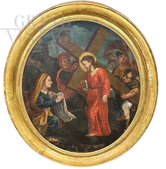 Antique oval painting with Jesus and the Cyrenean, oil on canvas from the 18th century