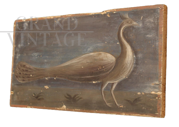 Antique painting on wood with peacock, late 19th century                            
                            