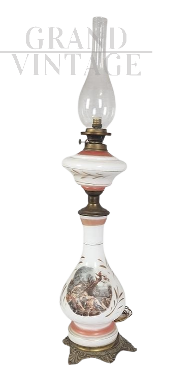Antique electrified lamp in bronze and hand-painted Murano glass