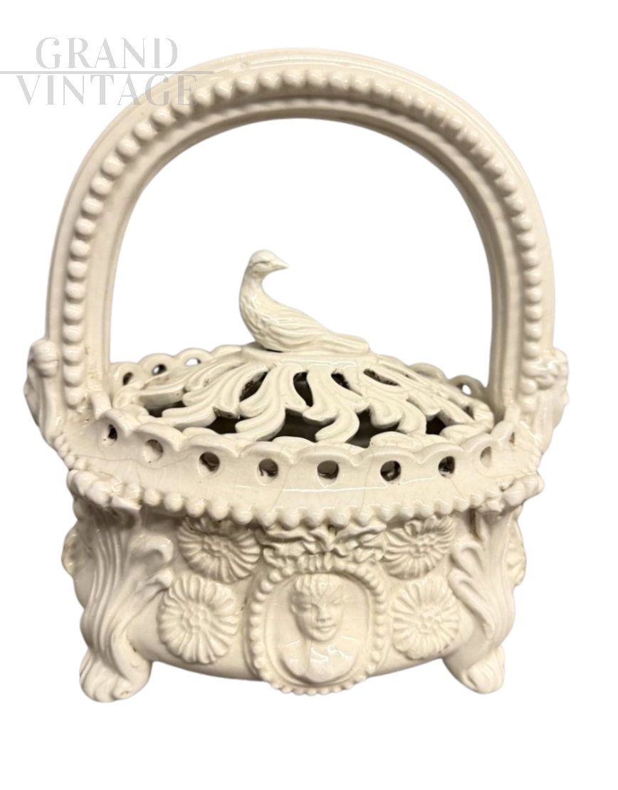 Antique worked and white enamelled ceramic warmer basket
