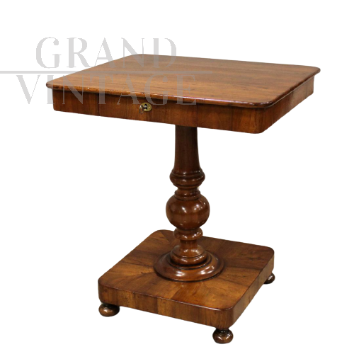 Antique Charles X coffee table in walnut with drawer, Italy 1800s
