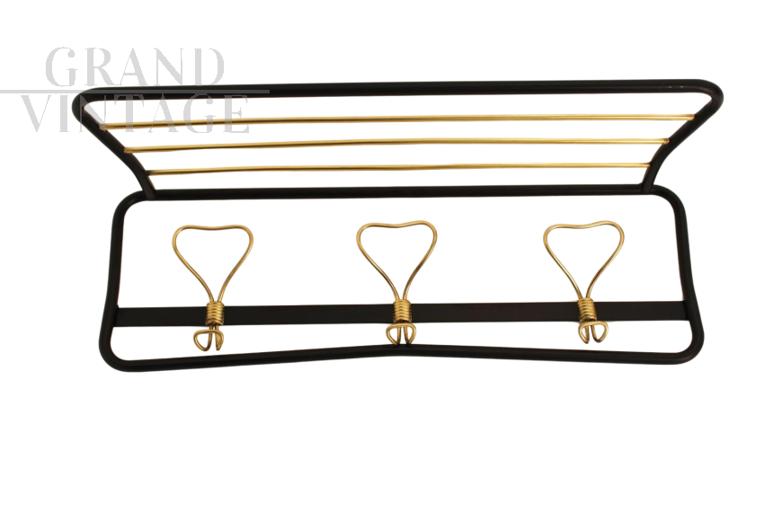 Vintage brass wall coat rack with hat rack