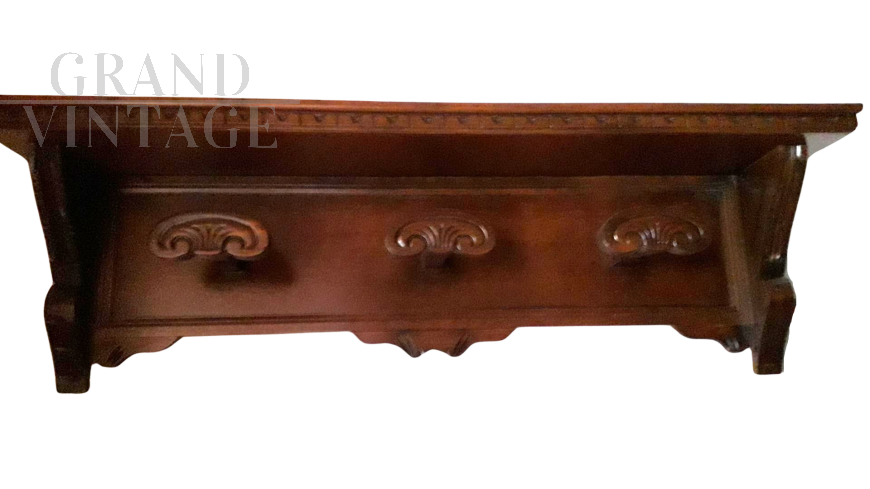 Hallway wall coat rack with hat shelf in carved wood 