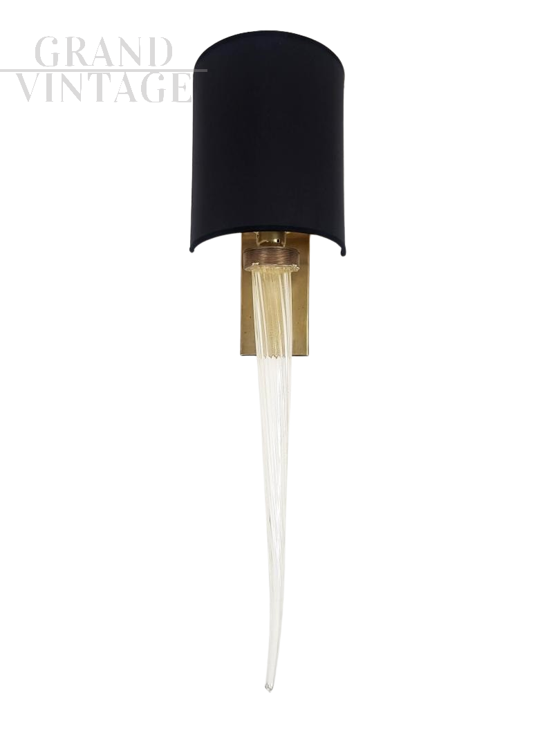 Vintage glass and brass wall light with black lampshade