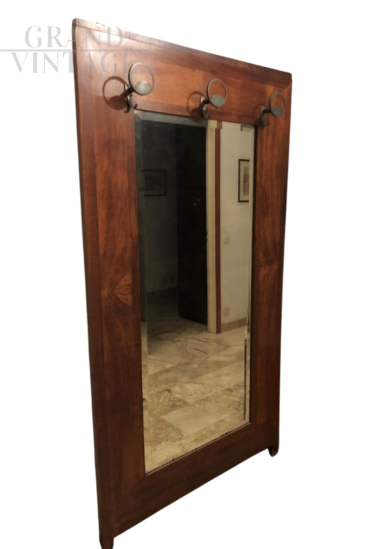 Vintage wooden hall coat rack with mirror