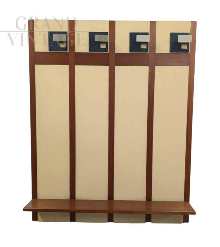 Vintage wall coat rack in wood, beige fabric and brass, 1970s