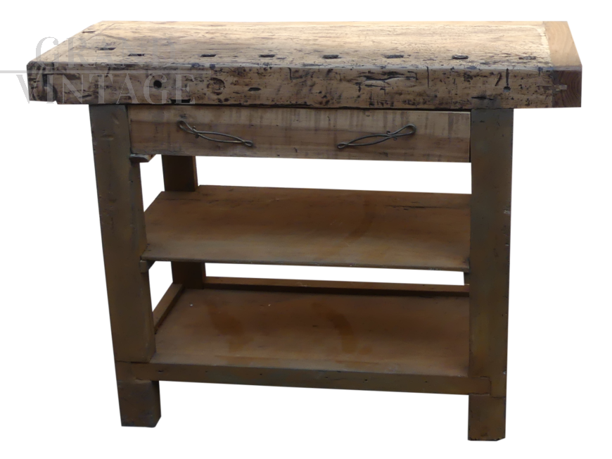 Workbench with drawer, restored, in different woods