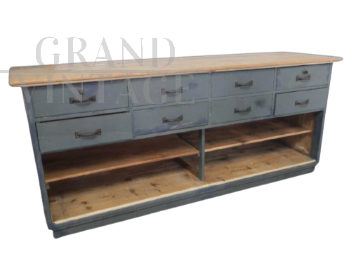 Vintage industrial wooden counter with 8 drawers                       