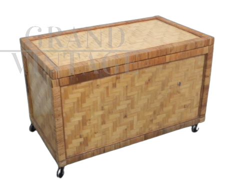 Vintage bamboo rattan trunk with wheels, 1970s
