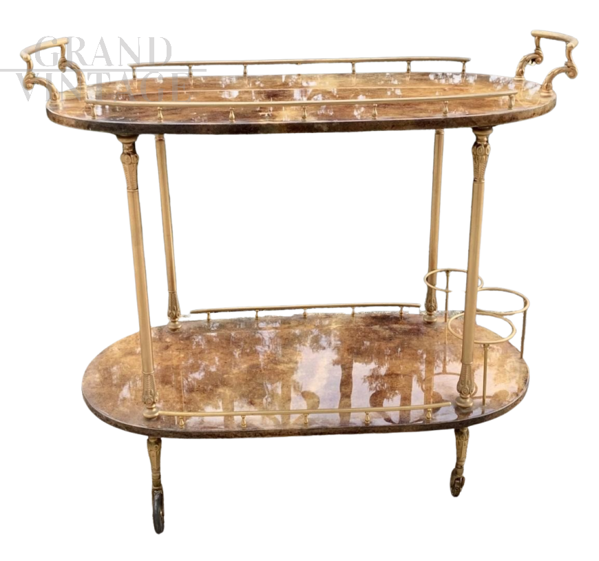 Serving trolley by Aldo Tura in brass and glazed parchment