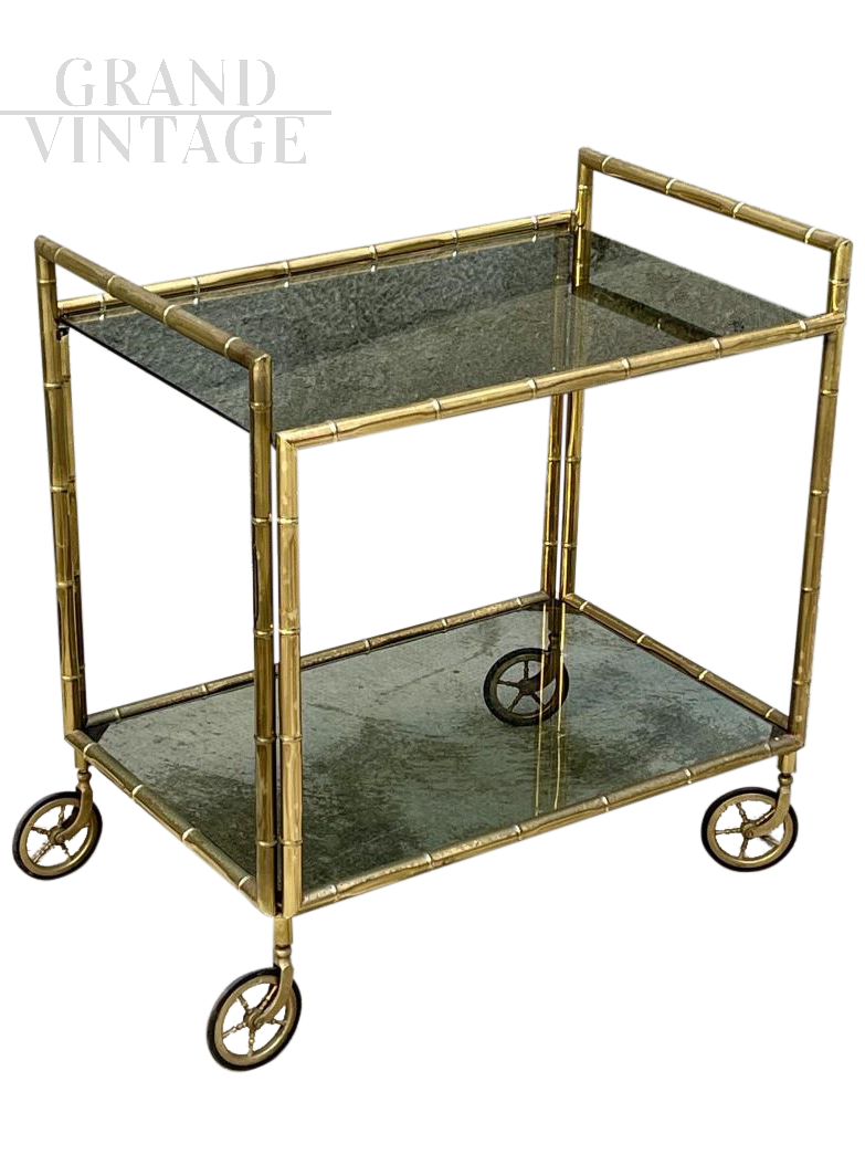 Vintage bamboo effect brass bar trolley, Italy 1960s