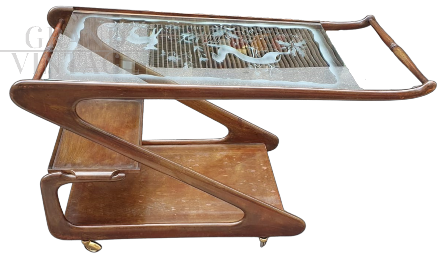 Cesare Lacca trolley with original decorated glass top